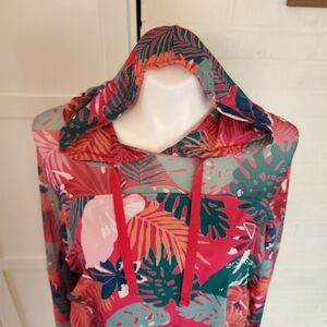 GUESS Tropical Print Hoodie Size XL Pink Palm Leaf Sweatshirt